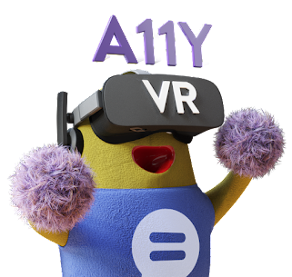 Yellow Knomo mascot wears a headset and A11yVR logo